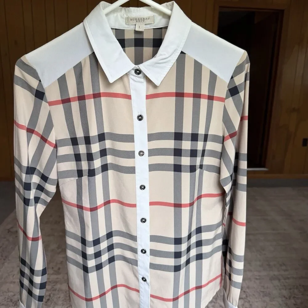 Burberry Brit Shirt Check Trim Women's Sz L Long Sleeve Cotton Career Designer - Picture 3 of 16